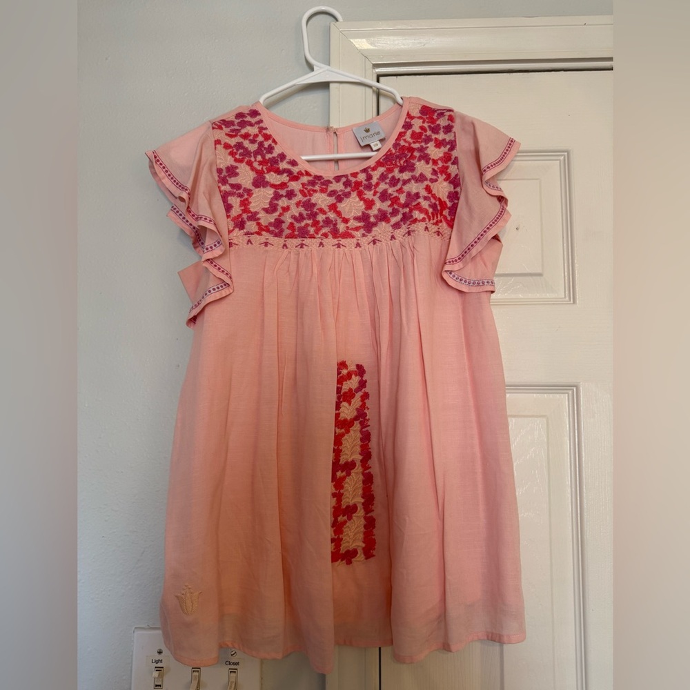 Pink Embroidered Flutter-Sleeve Blouse